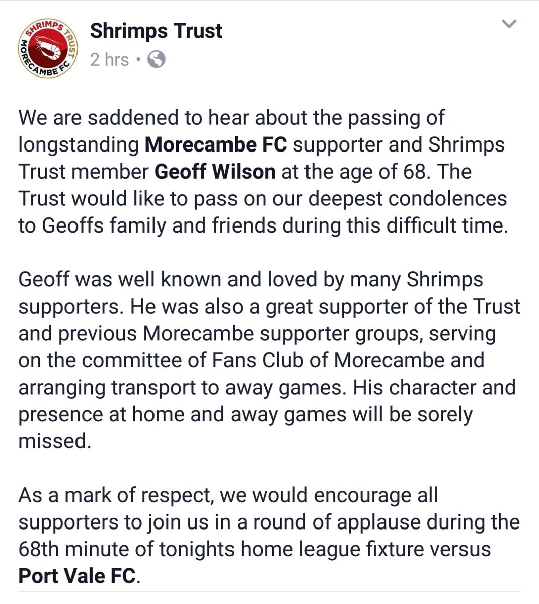 shrimpstrust's tweet photo. Geoff Wilson
Aged 68
May he Rest In Peace
Please join us in a round of applause during the 68th minute of tonight's match versus Port Vale https://t.co/4vCzypQ8uI
