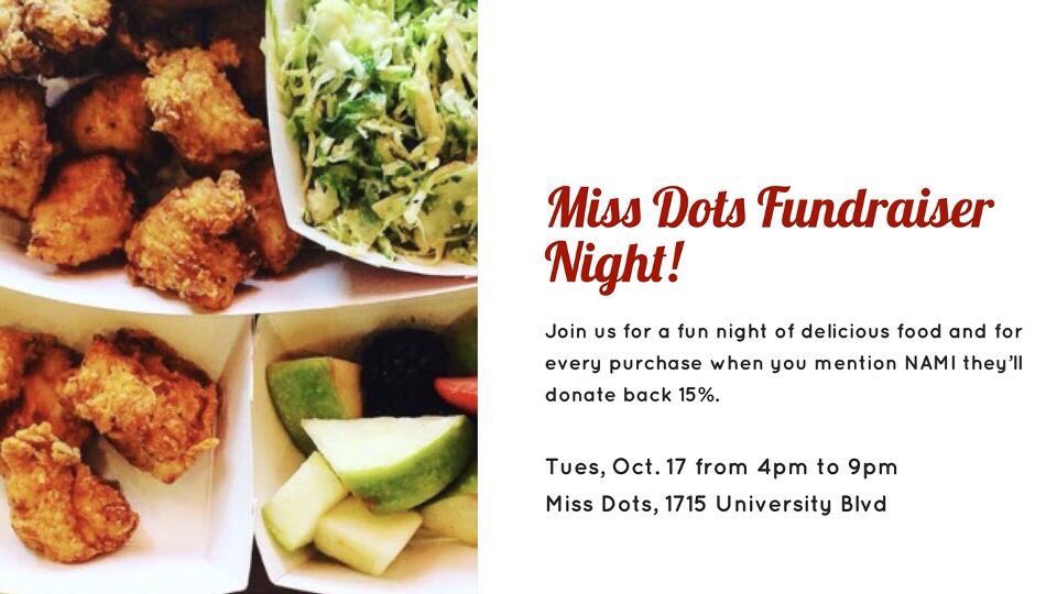NAMI_UA's tweet photo. Today's the day!! Join us at Miss Dots tonight for delicious chicken and giving back to help #EndTheStigma https://t.co/FQ0FvwvvNa