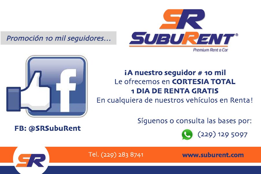 SUBURent's tweet photo. #Promoción 10 mil seguidores en FB!!! gracias a todos! y recuerden #SubuRent #TeLLeva https://t.co/i3i3mLeOuy