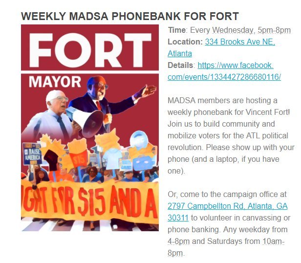 atldemsoc's tweet photo. We desperately need comrades to help phone bank with us for @fortforatlanta! We have pizza and beer. All are welcome! #FORTifyATL https://t.co/lfffZP1VfZ