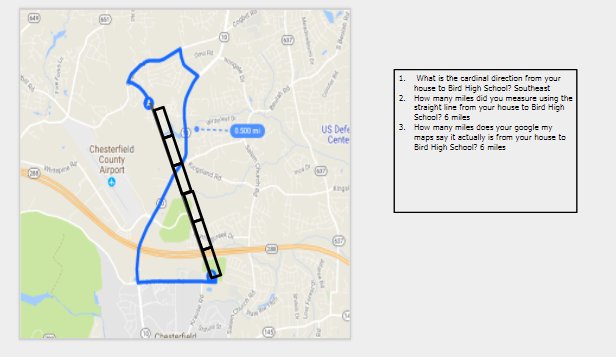 WashElliott's tweet photo. Using google my maps to find direction and distance from our houses to L.C. Bird High School. #oneccps #BeTheU #CCPSEdTech https://t.co/wdzsY7vs6i