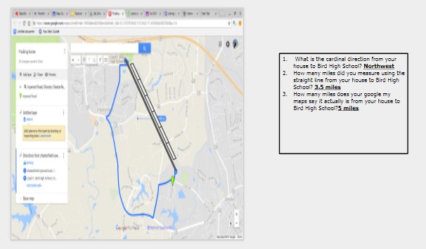 WashElliott's tweet photo. Using google my maps to find direction and distance from our houses to L.C. Bird High School. #oneccps #BeTheU #CCPSEdTech https://t.co/wdzsY7vs6i