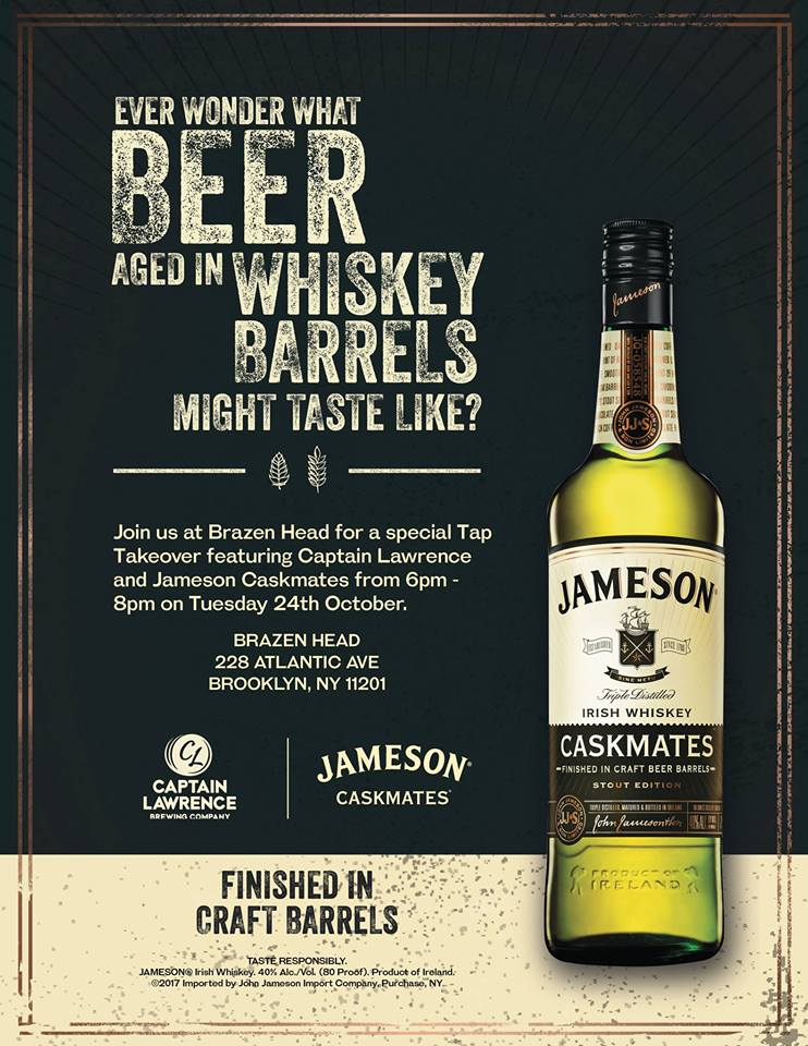 The Brazen Head (@thebrazenheadbk) on Twitter photo mark your calendars! In one week, be a part of the love story...when <a href="/jamesonwhiskey/">Jameson Whiskey</a> met <a href="/cptlawrencebeer/">Captain Lawrence</a>...spoiler alert..they fell in love mark your calendars! In one week, be a part of the love story...when <a href="/jamesonwhiskey/">Jameson Whiskey</a> met <a href="/cptlawrencebeer/">Captain Lawrence</a>...spoiler alert..they fell in love