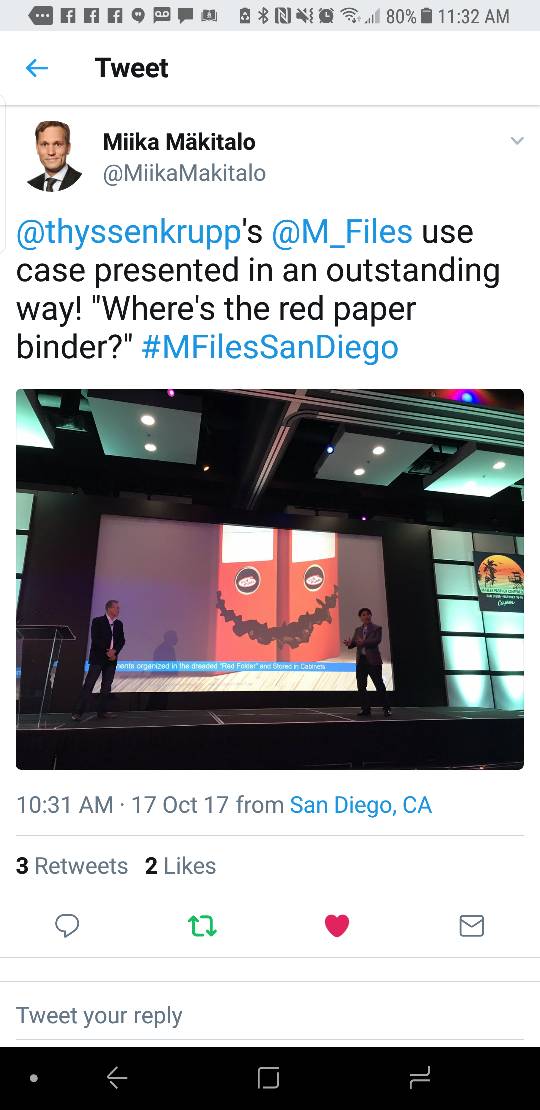 rondagdag's tweet photo. Our presentation went well, we talked about how #thyssenkrupp uses #M_Files #MFilesSanDiego #FindingRedFolders https://t.co/rj1l6V0TnP