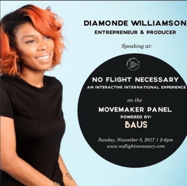 cantstayput_'s tweet photo. First up is @therealdiamonde . She's a changemaker, producer, champion of diversity in tech &amp; film, &amp; so much more. #NoFlightNecessary https://t.co/Y2aOAgRYph
