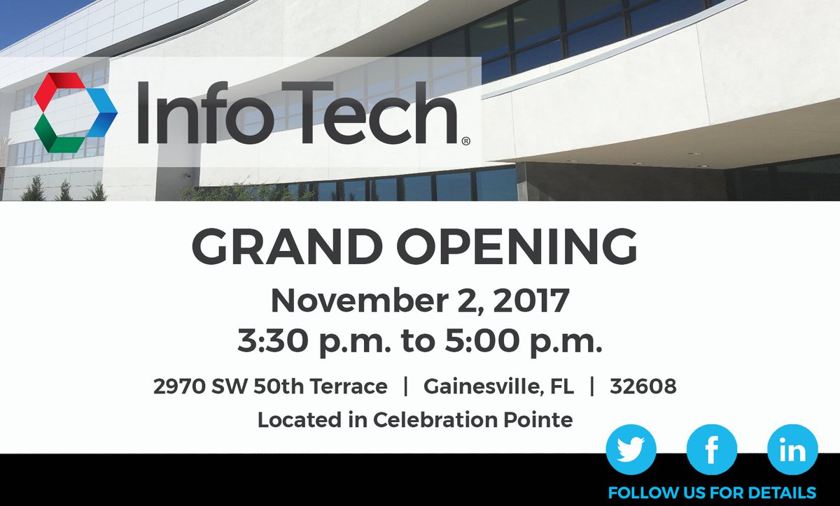 infotechinc's tweet photo. After being postponed by Irma, we're ready to open our doors and #celebrate our state-of-the-art office!#Gainesville https://t.co/2EFrDF5jct https://t.co/HclUqIPsGl