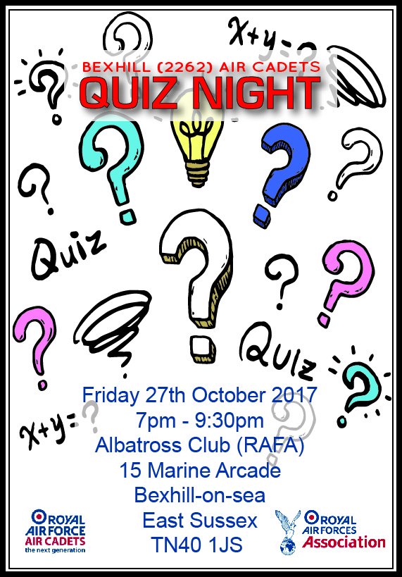 2262Sqn's tweet photo. Friday 27th October #QuizNight at Bexhill RAFA club. See attached. https://t.co/OeQ3riyvXn