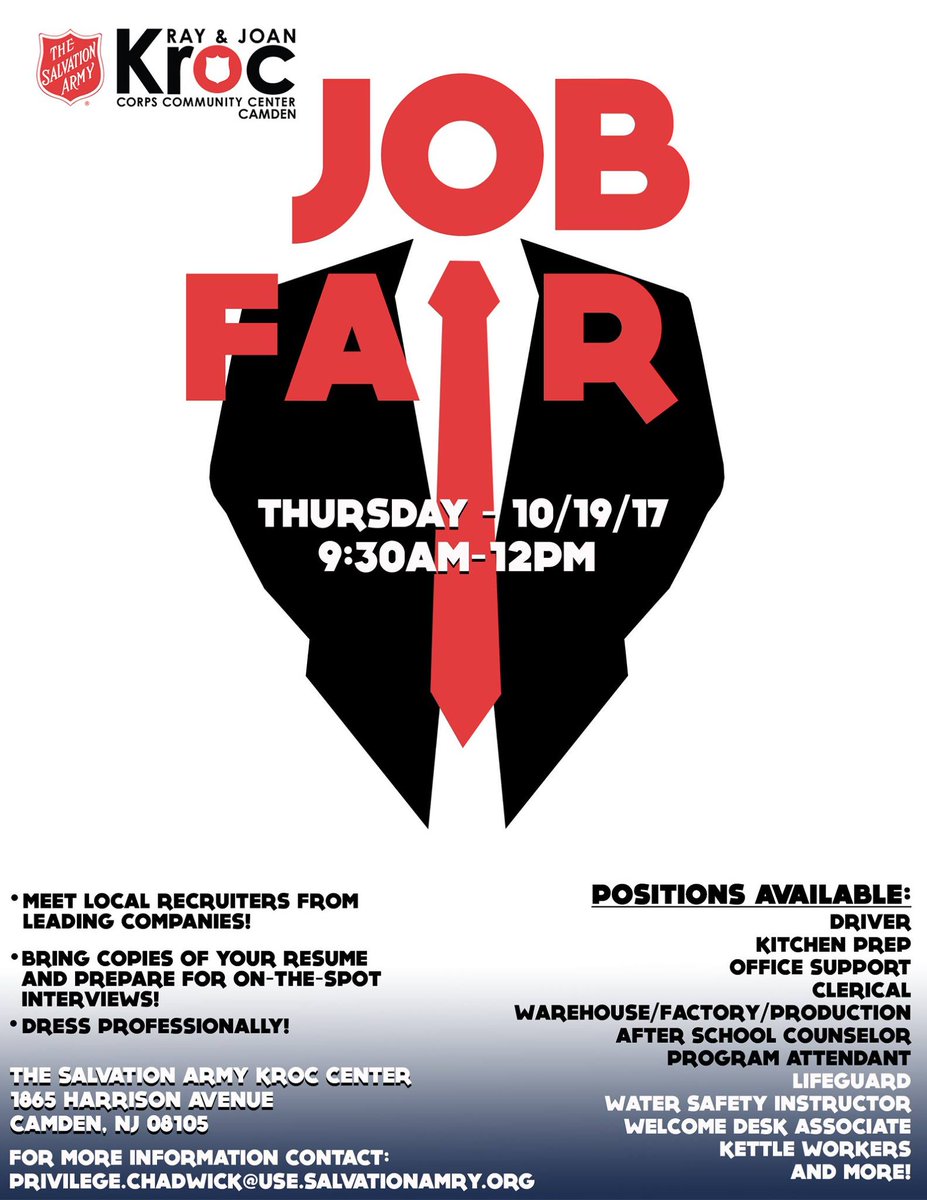 CCPCamden's tweet photo. Thurs. 10/19- @CamdenKroc Job Fair from 9:30am-12noon, feat. companies looking to hire NOW. Join us, spread the word. #CamdenRising https://t.co/6DcDwWEpBW