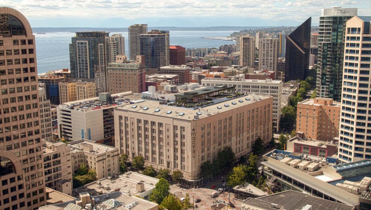 TeamRatio's tweet photo. Seattle's old yet new neighbors. Amazon moving further, and moves into landmark Macy's Building. https://t.co/QtlnjkDSnS https://t.co/vGZBHfXY71