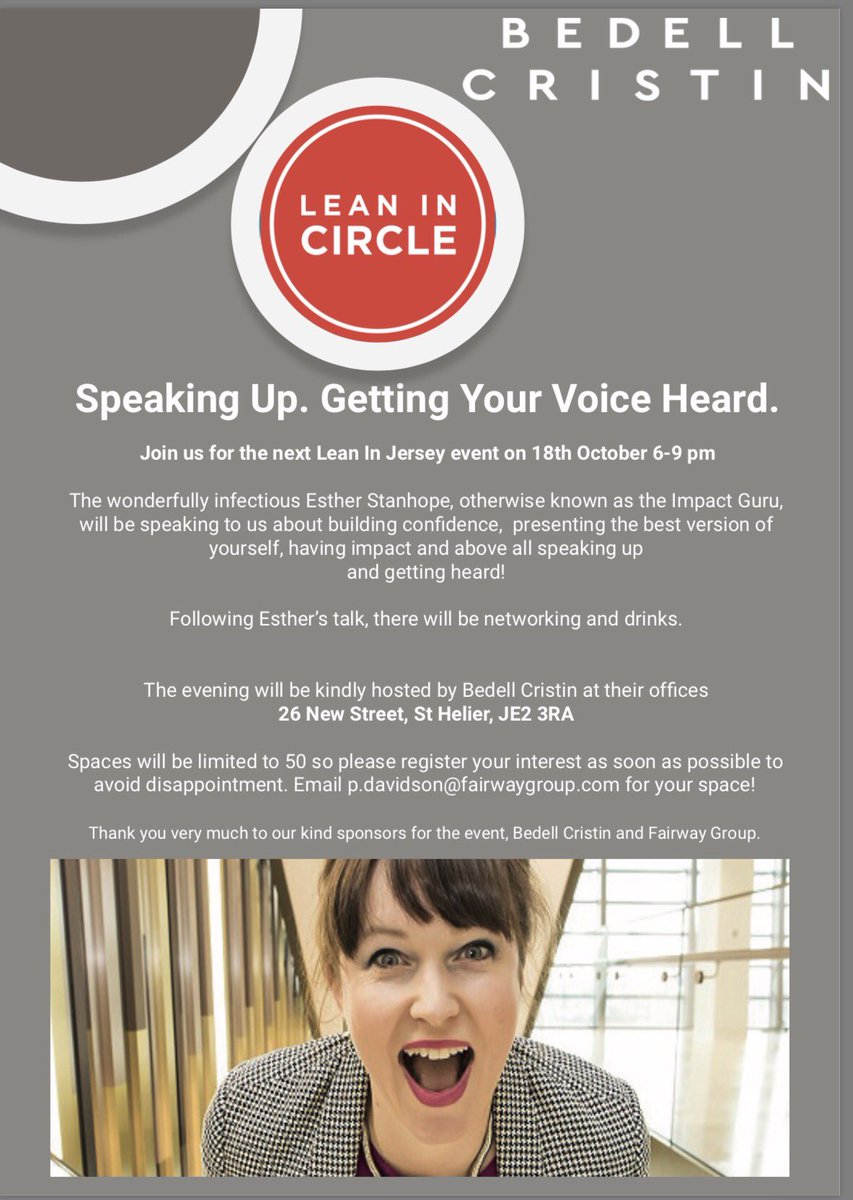 LeanInJersey's tweet photo. Looking forward to learning how to speak up tomorrow night with the fab Esther Stanhope! So excited to #LeanIn @LeanInOrg @BedellIPC https://t.co/oZFSDGSs2C