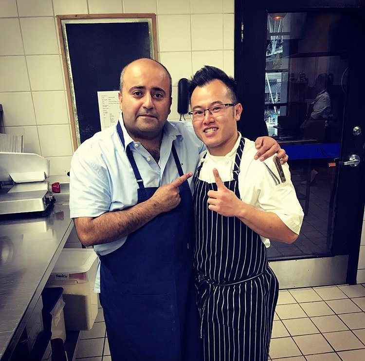 PacificYachtBC's tweet photo. Chef Ra with his first teacher @hamidsalimian w/ @sookeharbourhse for #slowfishdinner on Sunday. Slowly cooking their #Oceanwise dishes. https://t.co/CzE4UNRbOj