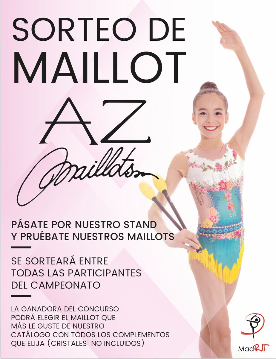 MadRIT_18's tweet photo. AZ Maillots, quienes regalan un maillot para sortear entre todas las gimnastas prticipantes en MadRIT ‘17, estarán con nosotros!
Gracias! 😊 https://t.co/Sb33FJUBGO