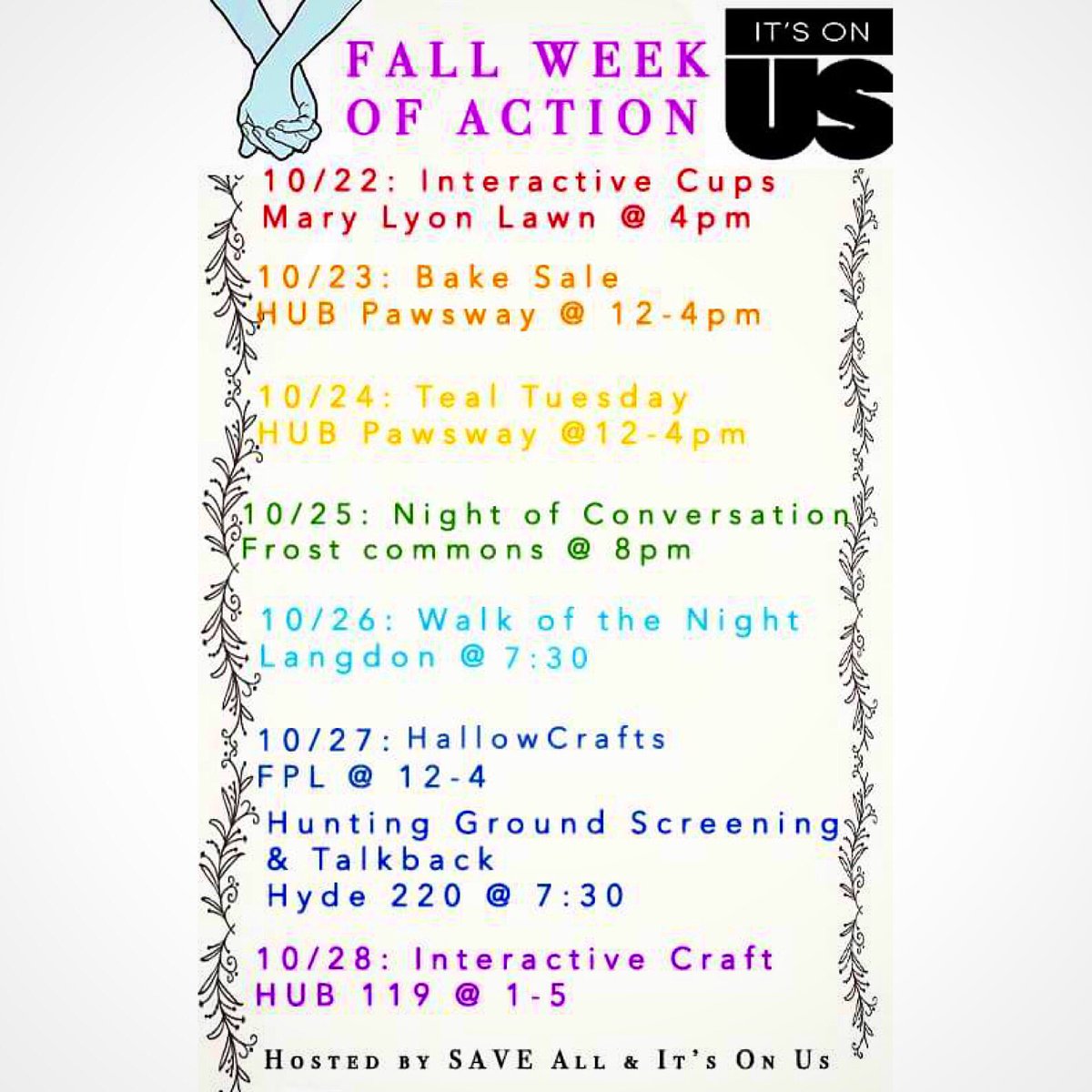 PSU_SAVEAll's tweet photo. #FWOA schedule! Take a pic with a SAVE All member at each event w/ the hashtag #FWOA2017 &amp; get a free mug! See ya there! 👍🏼🤗🍂🌟 https://t.co/1uttDSXuTb