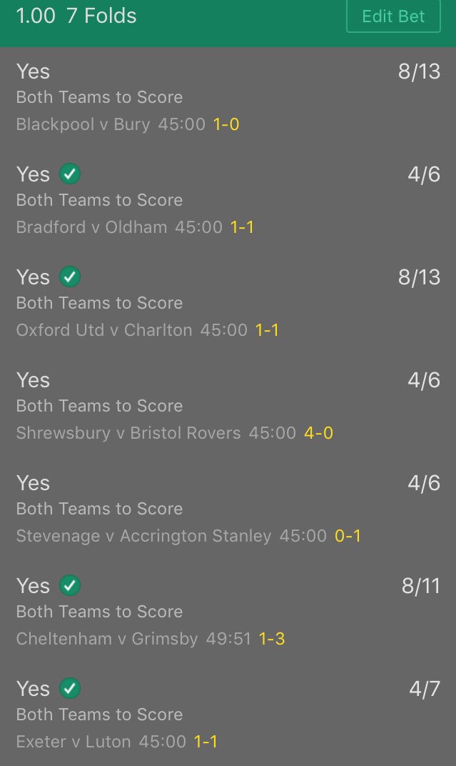 OnePoundPunt's tweet photo. Maybe I should've posted this private tip along with the 6 Fold.
Big second half needed for 6 Fold.
3 goals needed here.
#PostThemAll https://t.co/90zh1lnkpG
