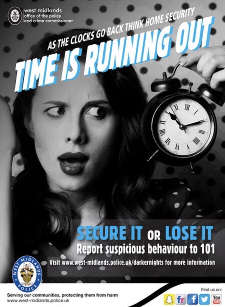 LowHillWMP's tweet photo. The clocks are soon to go back so please make sure your home is locked and secure. #DontBeAnEasyTarget #DarkerNights https://t.co/rBUuNTFTSO
