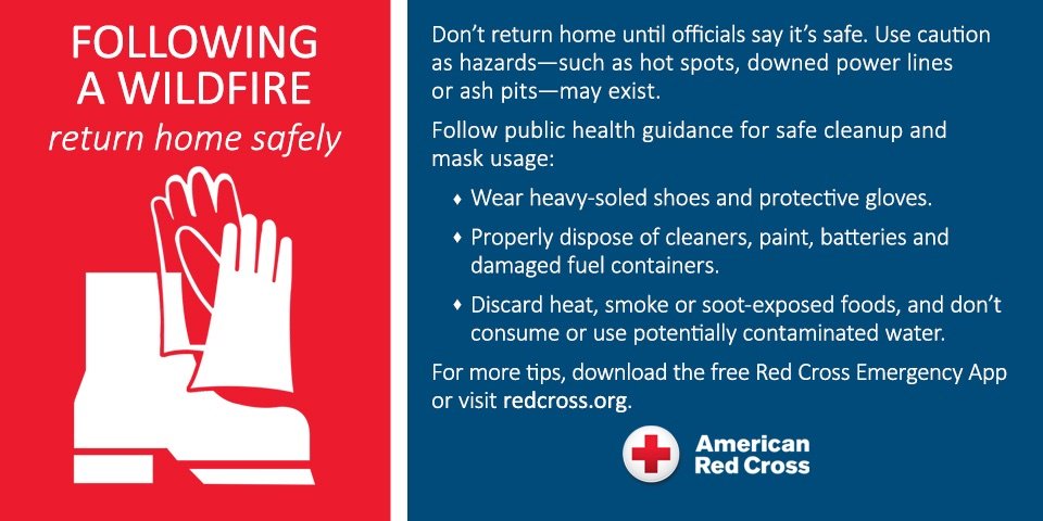 RedCross's tweet photo. Please be careful when returning home after a #wildfire evacuation. Safety tips available in our free Emergency App: https://t.co/DRSRTWlCR1 https://t.co/OQGiF6YzYS