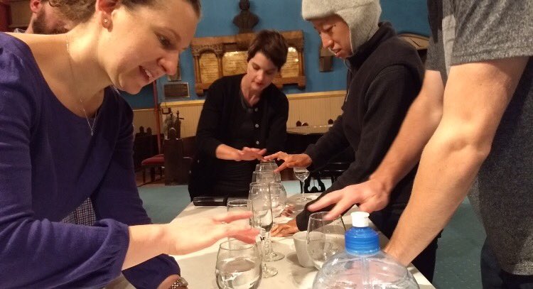 CSSingers's tweet photo. A rehearsal of "Northern Lights" by Eric Esenvalds: some of our singers are pictured here rehearsing the tuned water glass accompaniment! https://t.co/2Nn4etCzOf