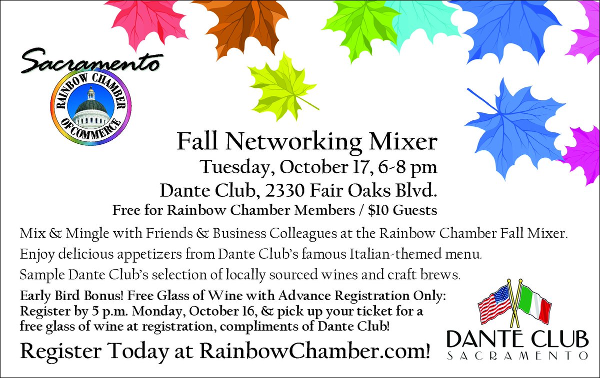 Don't forget! <a href="/SacRCC/">Sac Rainbow Chamber</a> Fall Networking Mixer at Dante Club, 2330 Fair Oaks Blvd, TONIGHT, Oct 17, 6-8 pm! ow.ly/8hun30fWS4b