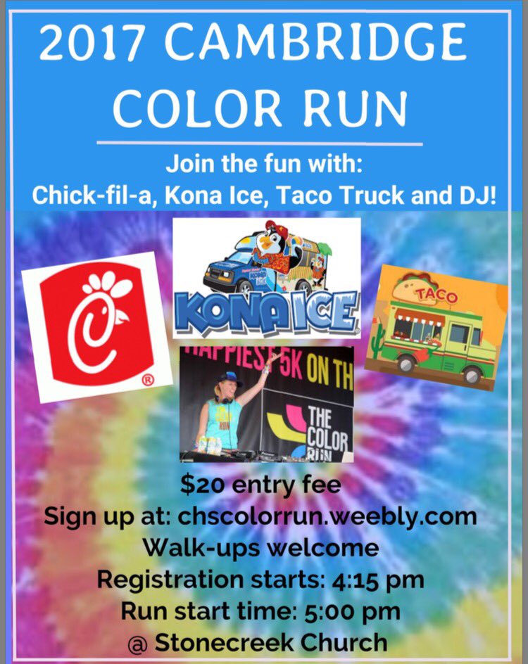 chscolorrun's tweet photo. Sign up for the color run! Chick-fila, Kona ice and a taco truck will be there for a snack or dinner before or after the race! https://t.co/eb2arEACsu
