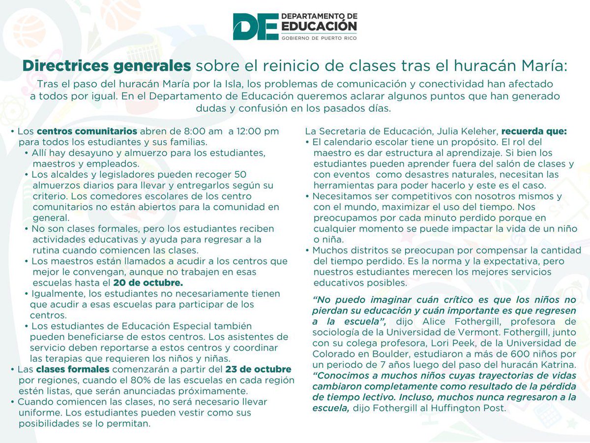 EDUCACIONPR's tweet photo. Instrucciones generales sobre el reinicio de clases tras el paso del huracán María #PRSeLevanta https://t.co/hPcg52bd6F