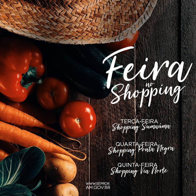 SeprorAmazonas's tweet photo. HOJE TEM FEIRA NO SHOPPING
As feiras da ADS tem início as 16h e vão até 20h. #Todospeloamazonas #ProduçaoRural #feira https://t.co/rLdvw4lUs4