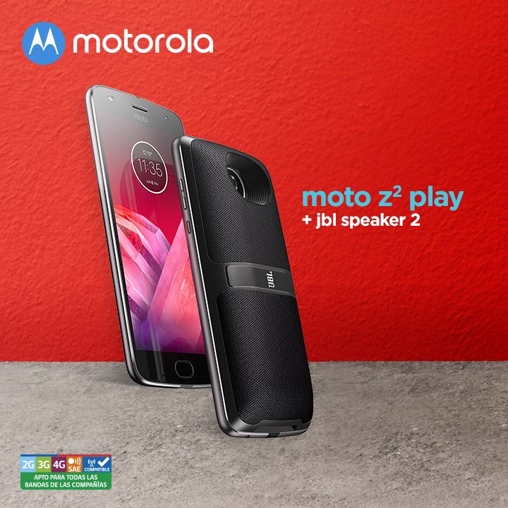 MotorolaCL's tweet photo. La pareja perfecta está en Falabella, WOM y Kioskos Motorola. ¡Disfruta de la experiencia del #MotoZ2Play con el #ModJBL2! #HelloMoto https://t.co/p0UnxOFQJ0