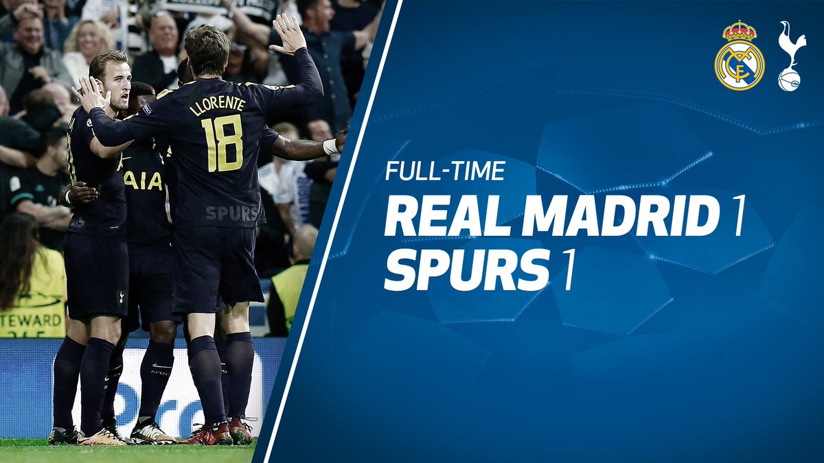 SpursOfficial's tweet photo. FULL-TIME: A big display at the Bernabéu and we're heading home from Madrid with a well-deserved point. #COYS https://t.co/LpgvNyR5Ik