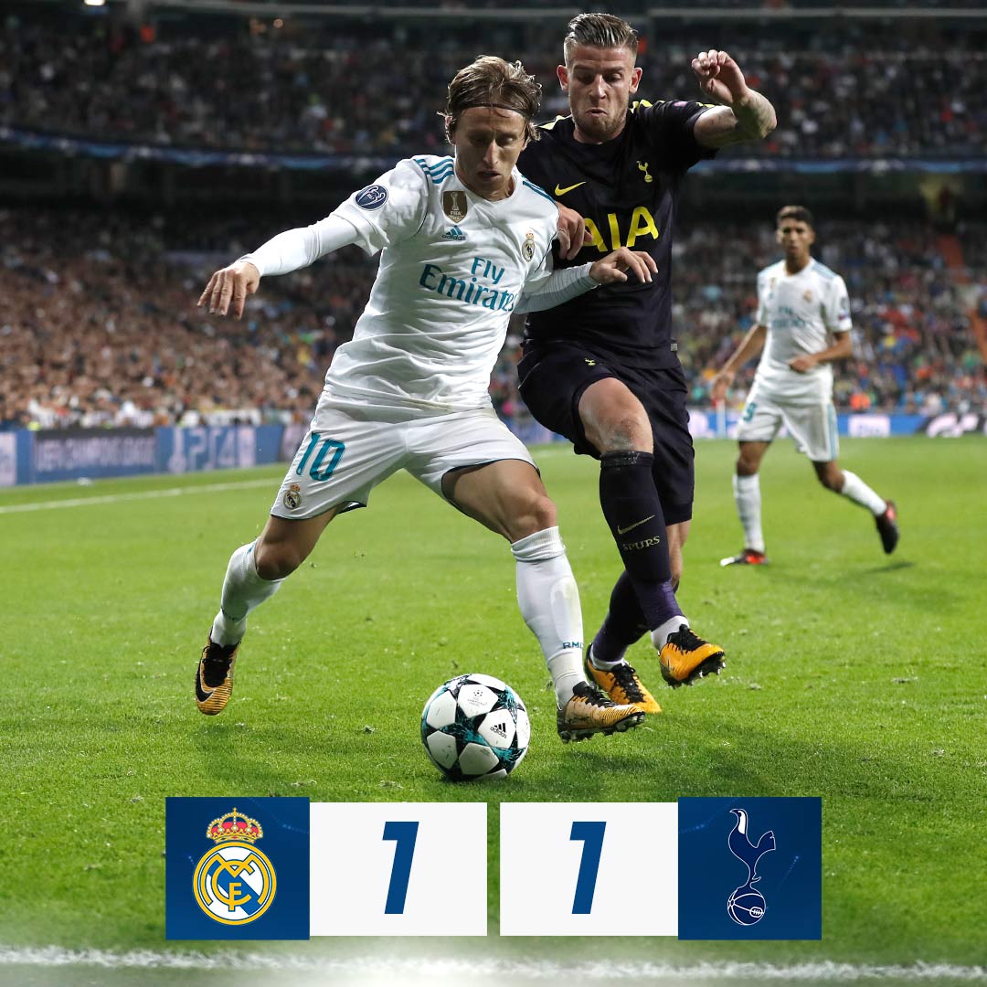 realmadriden's tweet photo. FT: #RealMadrid 1-1 @SpursOfficial (@Cristiano (p) 43'; Varane (og) 28').

#RMUCL https://t.co/XbucwXCavg