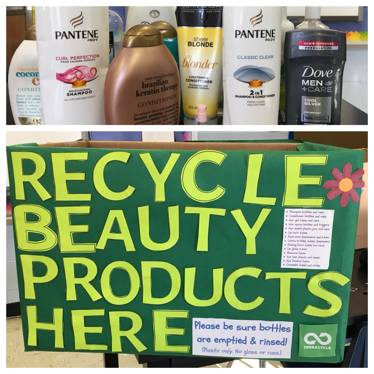 EMenvironmental's tweet photo. Start bringing your empty Beauty Care Products to school! Look for the big green box in the lobby! @EastMorichesSD @TerraCycle  🌱 ♻️ https://t.co/a9QeI8nw3i