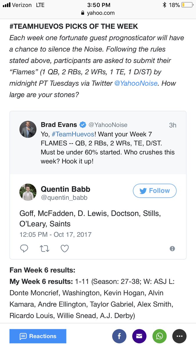 quentin_babb's tweet photo. When you make the #TeamHuevos Picks of the Week section. 🔥🔥 Let’s see how I do vs. @YahooNoise this week! https://t.co/4q0A0ILdv3