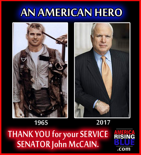 Senator John McCain, true American Hero. Imprisoned for 5 years in a POW camp in North Vietnam. Even though he had the chance to be released 3 years earlier he refused until all his men came home together. Thank you Sir for your service & dedication to our country.