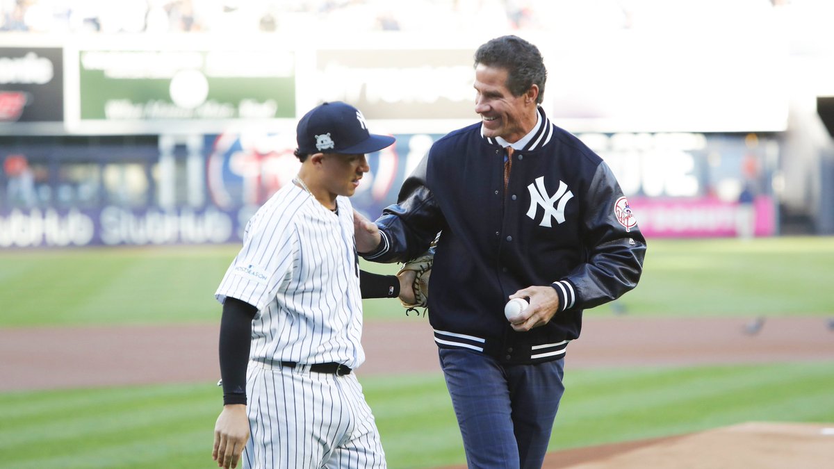 Yankees's tweet photo. Thanks to @PaulONeillYES and @HB_Voices for helping get Game 4 started the right way! #PinstripePride https://t.co/60oFesEYYi