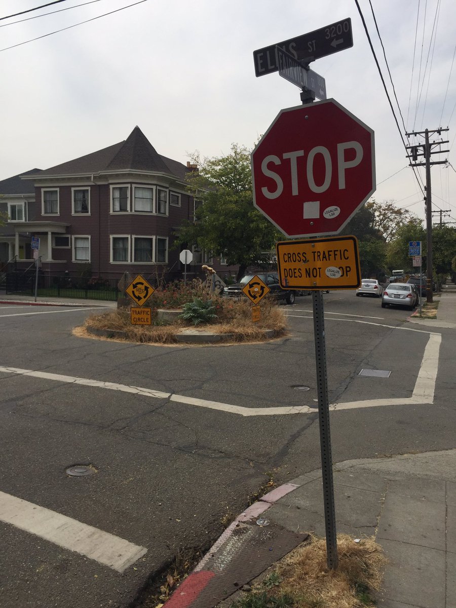 auxomesauxe's tweet photo. #onlyinberkeley Stop sign in front of a roundabout, 100' from a speed bump. On every intersection in this neighborhood. https://t.co/YqVgNeiSHG