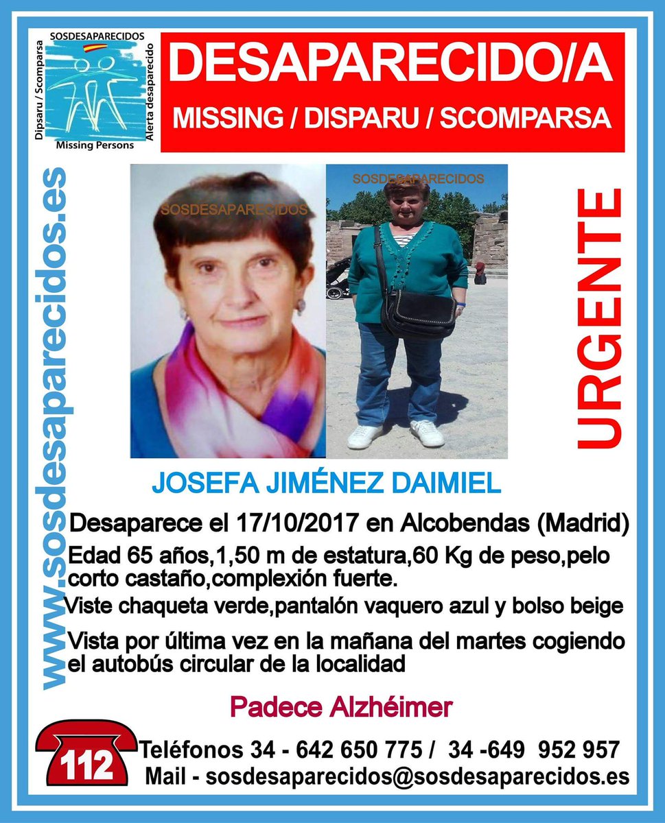 🆘#URGENTE 
Josefa padece Alzhéimer y ha #desaparecido en Alcobendas #Madrid
 Si la ves llama:
📞062
📞091
📞112
Tu RT es muy importante