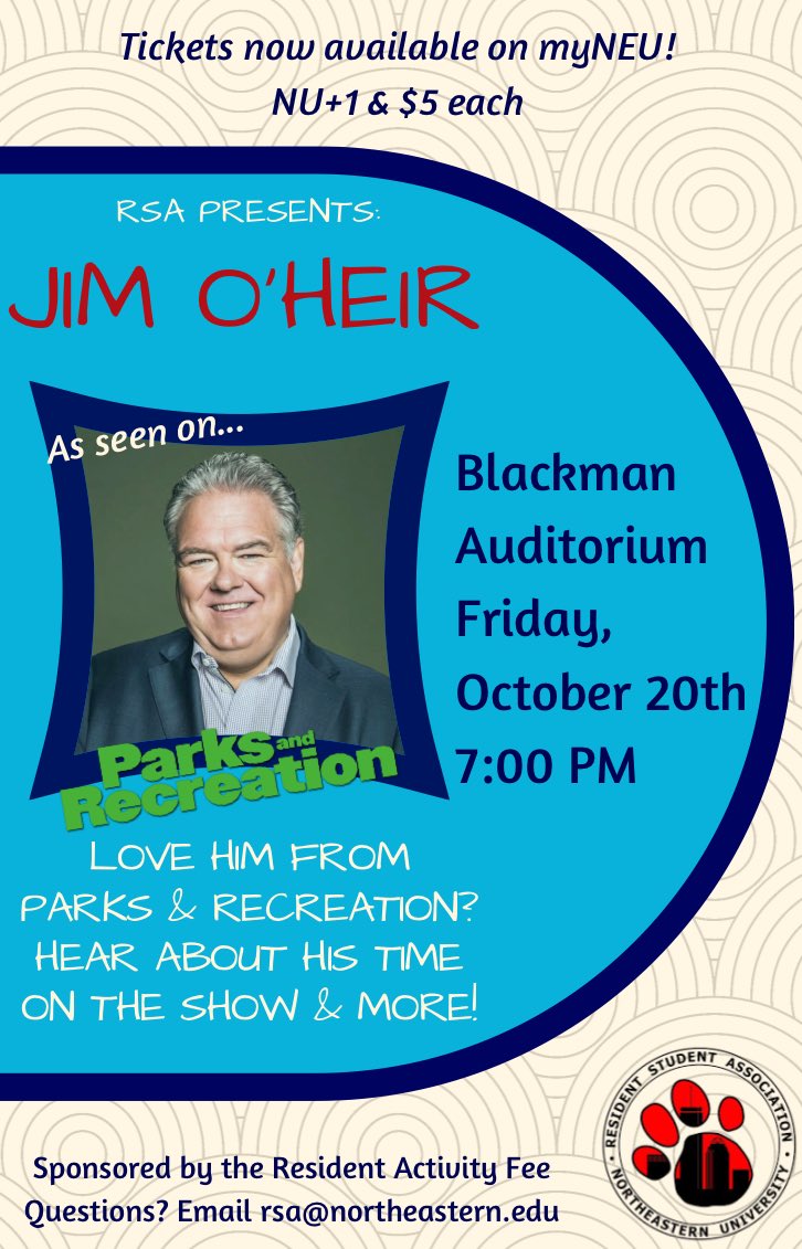 We are so excited to announce that <a href="/JimOHeir/">Jim O'Heir</a> is coming to Northeastern! Get your tickets on myNEU! 🐾