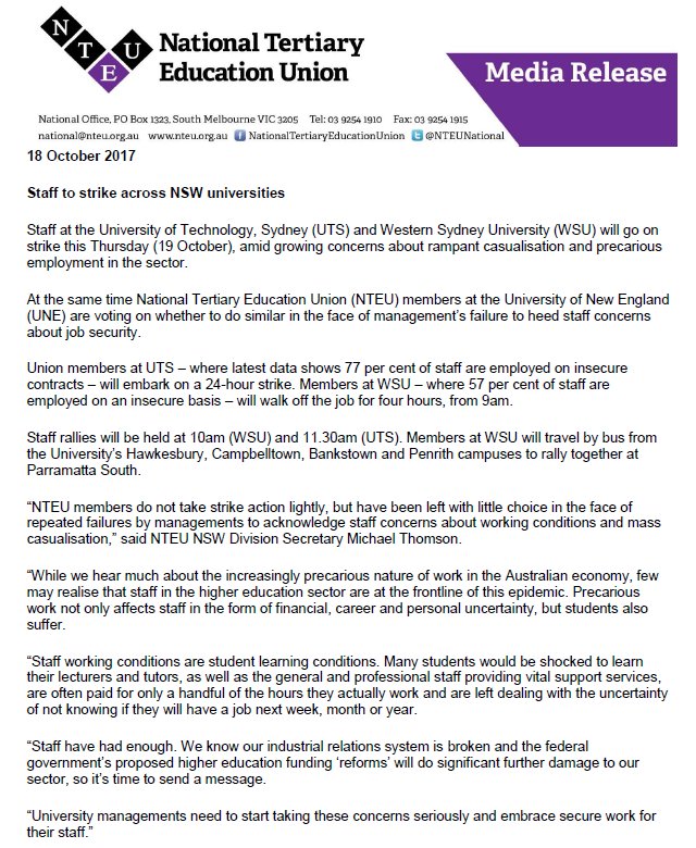 NTEUnion's tweet photo. Media Release: Staff to strike across NSW universities:
https://t.co/Z2jDUc4ivx #UTSstrikes #WSUstrikes #ChangeTheRules #ausunions https://t.co/6r5dntRQoB