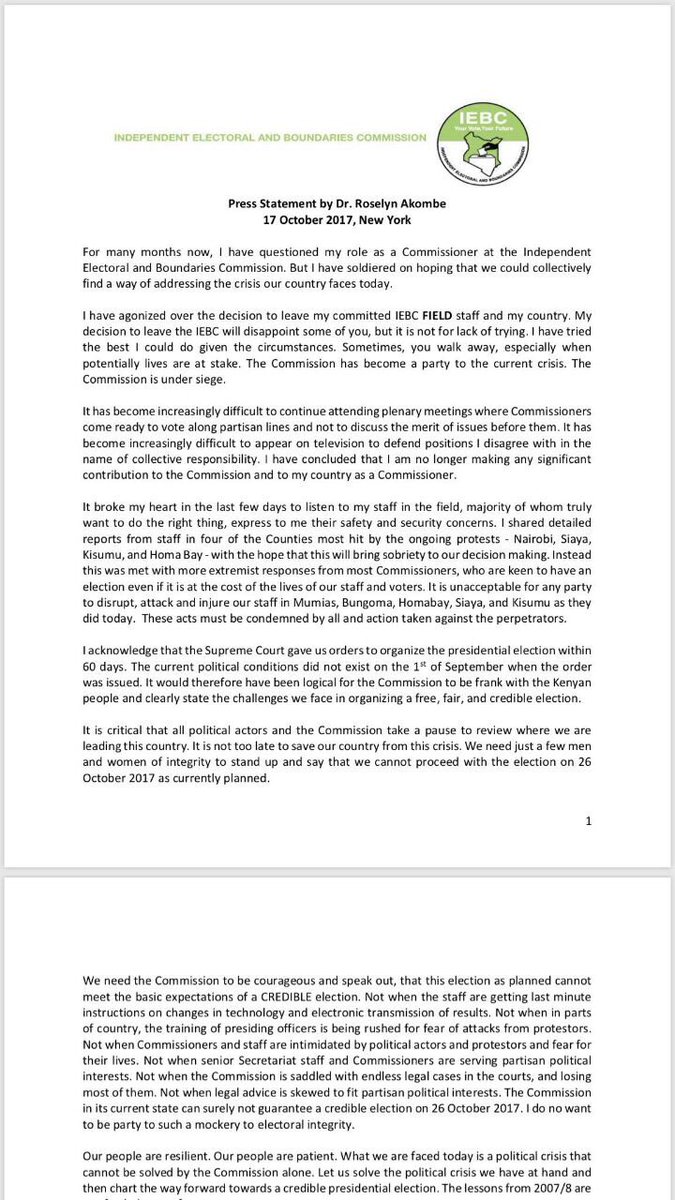 C_NyaKundiH's tweet photo. IEBC Commissioner Roselyn Akombe formally tenders resignation. Hints that Uhuru may have already pre-rigged the 26th sham elections. https://t.co/Xh8NSKGu4J