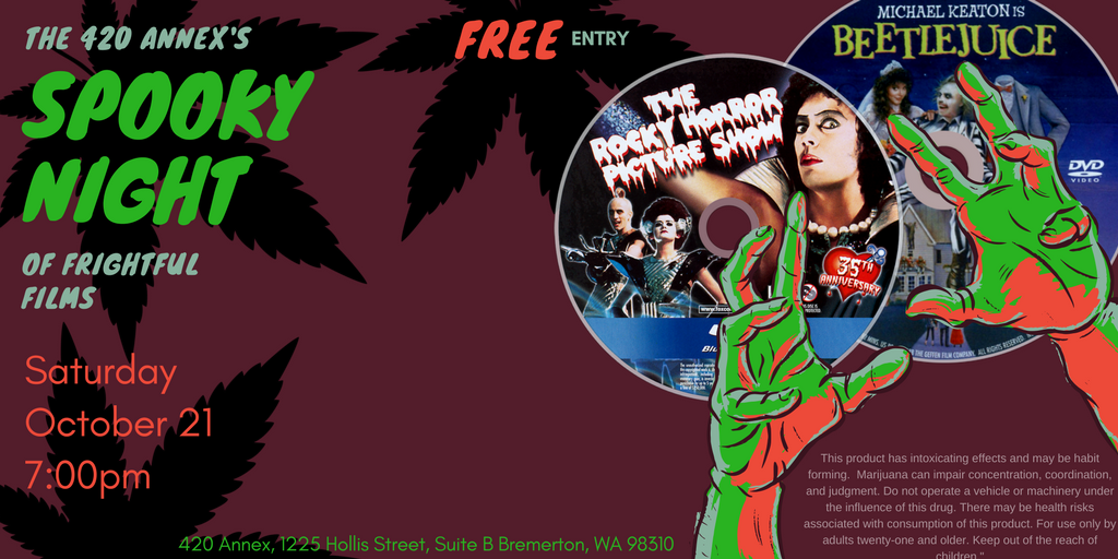 420 Movie Night: Spooky Night of Frightful Films | Double Feature: #beetlejuice &amp; #rockyhorrorpictureshow. Free entry. 21+ #marijuana #films
