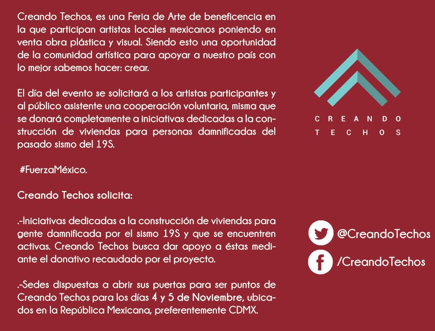 EspacioArterial's tweet photo. @CreandoTechos una feria de arte con beneficio social.
Los donativos serán para la reconstrucción de casas para los afectados por el sismo. https://t.co/kbCopzcCUg