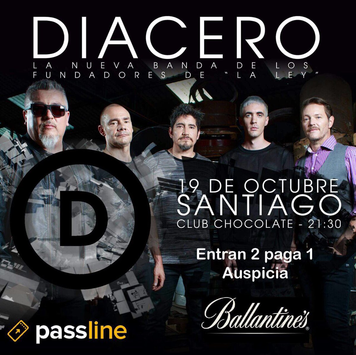 fanslaleychile's tweet photo. Recuerda, jueves 19/10, @DiaceroMusic en @elclubchocolate Entradas 2x1 en @PassLineChile Auspicia  @BallantinesCL  ✨✨✨ https://t.co/tzAvlU1hCD