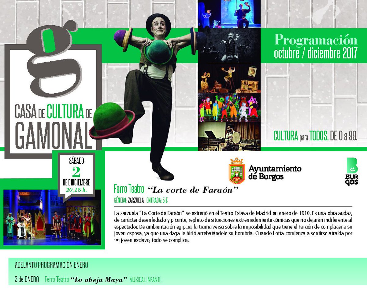 FerroTeatro's tweet photo. El 2 de diciembre a las 20:15 h la #Zarzuela #LaCortedeFaraon en la Casa de Cultura de #Gamonal https://t.co/z9w2H7xli3