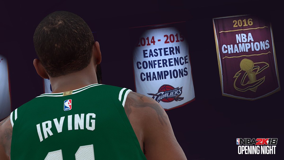 NBA2K's tweet photo. Opening night is here and the #NBA2K18 cover athlete debuts in his new @celtics  threads against the @cavs. Who's winning tonight? https://t.co/65aXMB9Kta