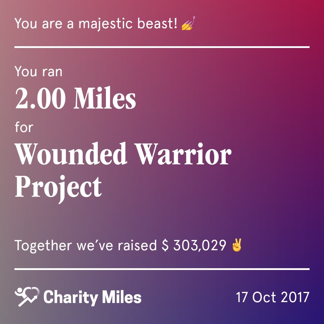 LittleMrHolmes's tweet photo. 2 @CharityMiles for @wwp. Thx 2 #JNJ &amp; @DonateAPhoto. 
https://t.co/NjM67wZkmS https://t.co/OZUi15PEET