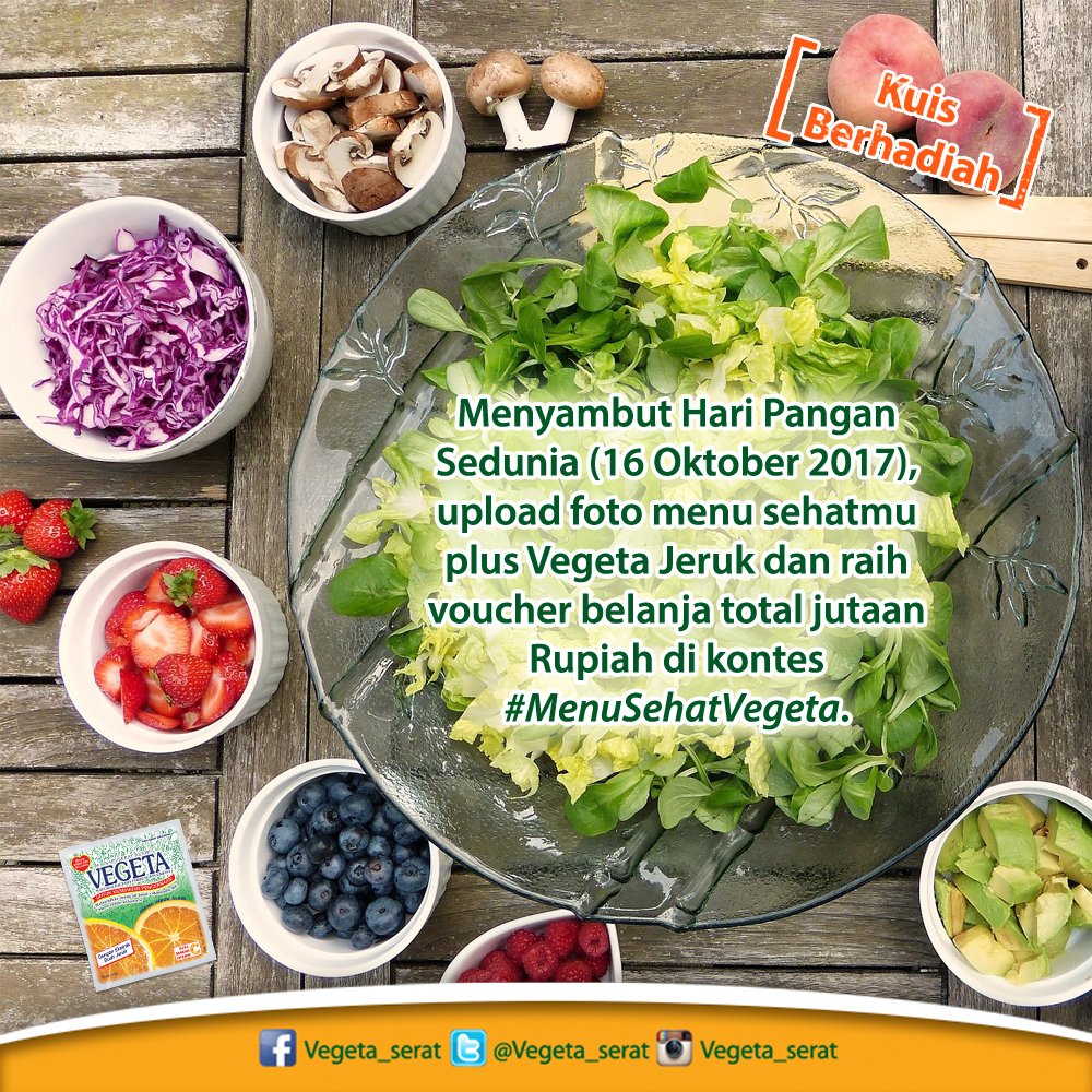 Vegeta_Serat's tweet photo. Kontes #MenuSehatVegeta berhadiah voucher belanja akan ditutup hari ini, V'riends. Yuk buruan cek Instagram @vegeta_serat ya. https://t.co/BYlOQnpkee