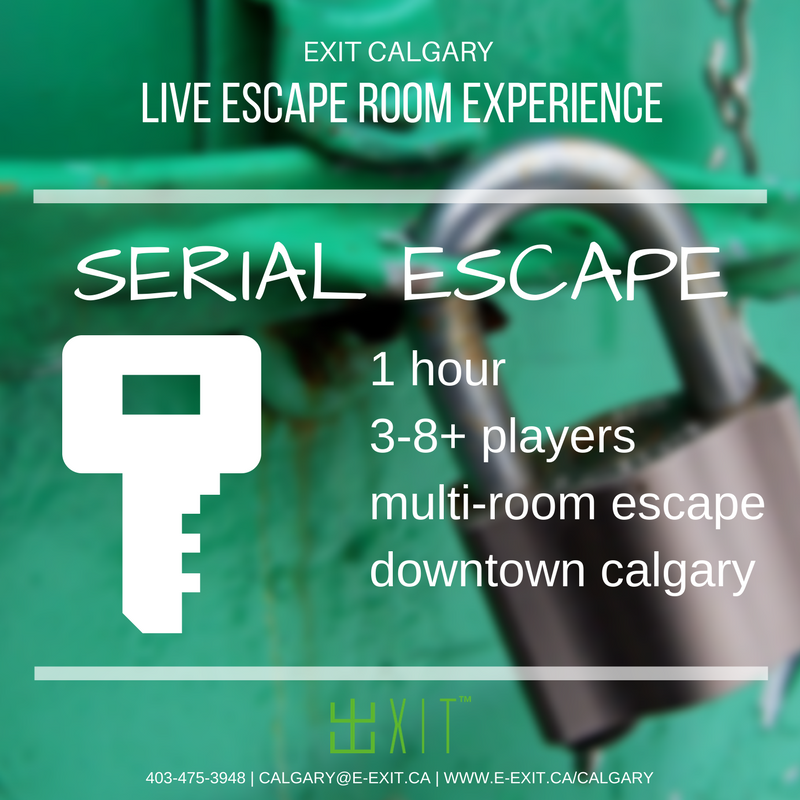 ExitCalgary's tweet image. Serial Escape: 4-Star Difficulty
3-8+ Players | 1 Hour | Multi-Room
Exit Calgary | Downtown
Book Today! 403-475-3948