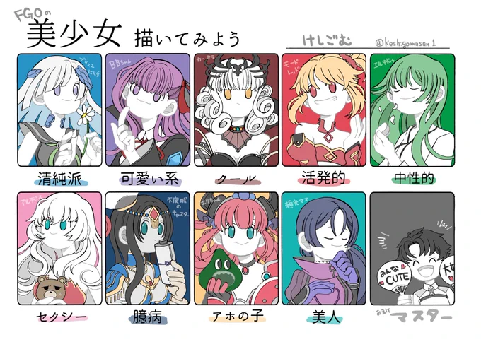 描いてみたかったやつです☺️🙌
美少女が多いので迷いましたが主に幣カルデアのメンバーです。 