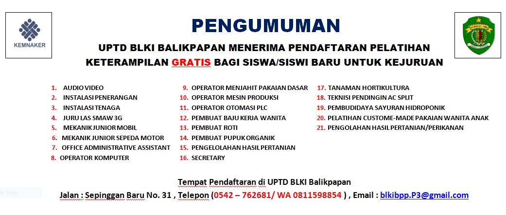 uptdblkibpp's tweet photo. Telah Dibuka Pendaftaran calon Siswa UPTD BLKI Balikpapan GRATIS..... https://t.co/90qMxzytcx