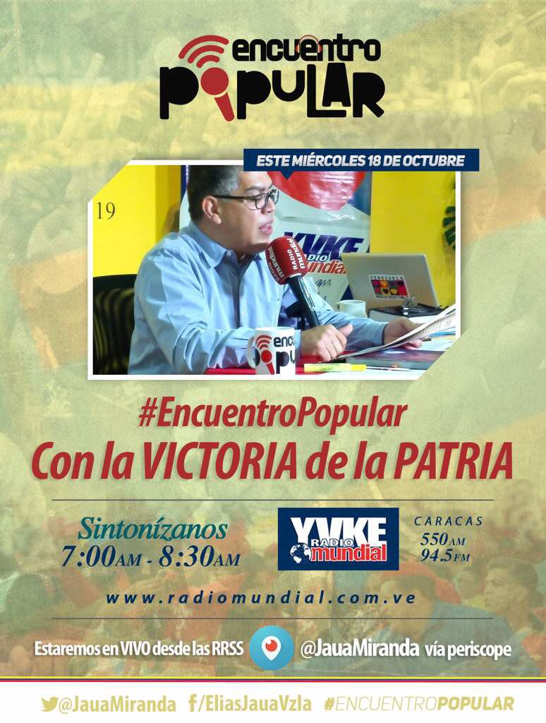 JauaMiranda's tweet photo. Mañana en #EncuentroPopular analizamos las causas de la esplendorosa victoria patriótica del 15 0. Tendremos invitados especiales! https://t.co/tvOsFN0WBb