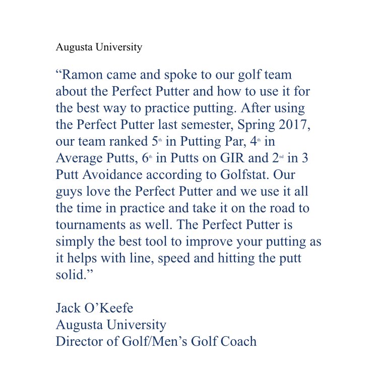 ThePerfectPutte's tweet photo. Exciting testimonial from Augusta University Men’s Golf Coach,Jack O’Keefe.His team put up some impressive putting stats! #theperfectputter https://t.co/kLVZAQacib