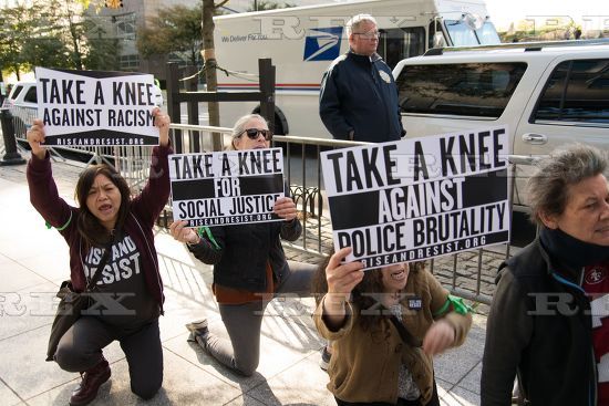 MMstanr's tweet photo. Protest at NFL Fall meeting in NYC in support of Kaepernick and protesting athletes. My pics at Rex Features  #takeaknee #takeakneeNFL https://t.co/54ilGn7oiH